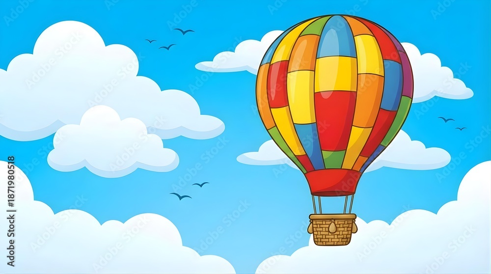 Obraz premium Vibrant Multi Colored Hot Air Balloon Drifting Through Bright Blue Summer Sky Clouds