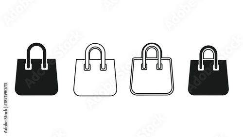 Collection of four handbag icons shown in solid silhouette and outline vector styles