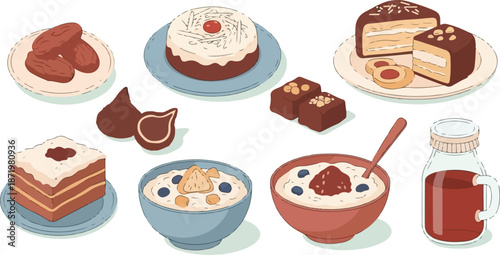 Ramadan Traditional Illustration Set with Dates, Cakes, Porridge and Iftar Desserts in Soft Pastel