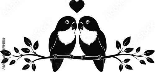 Two love birds silhouette on tree branch with heart, romantic avian couple for wedding invitation, anniversary card, minimalist vector illustration.