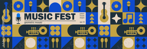 Geometric concert poster with music festival mosaic and abstract microphone.