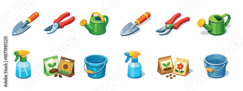 Colorful gardening tools and accessories collection