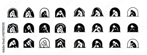 Minimalist icons of people in various poses inside arched spaces