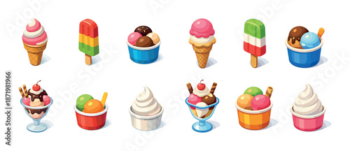 Variety of colorful ice creams and popsicles on white background