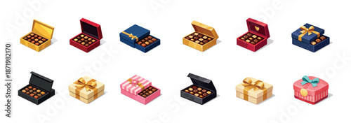 Colorful assorted gift boxes of chocolates with decorative ribbons