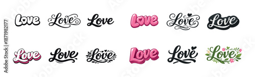 Collection of love typography designs in various styles and colors