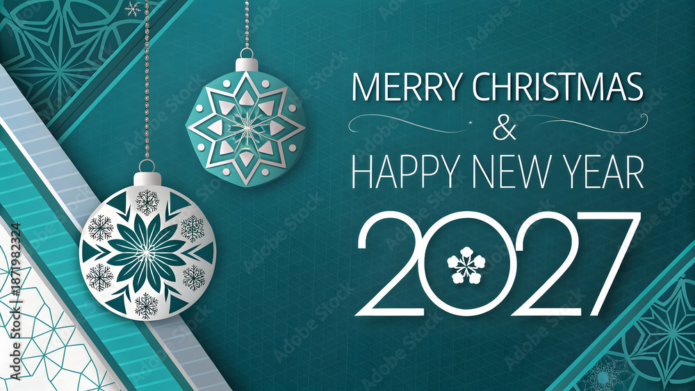 Naklejka premium Merry Christmas & Happy New Year 2027 Festive Greetings with Ornaments and Snowflakes on Teal Background | Vector Illustration