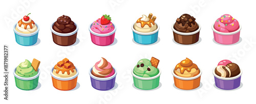 Assorted colorful cupcakes with various toppings