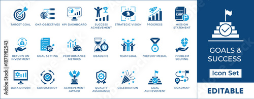 Business goals and success icon set featuring target achievement, KPI dashboard, strategic vision, performance metrics, career progress, mission statement, and roadmap symbols.