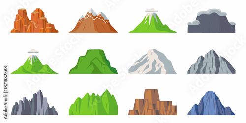 Colorful cartoon mountains and hills in various shapes and textures