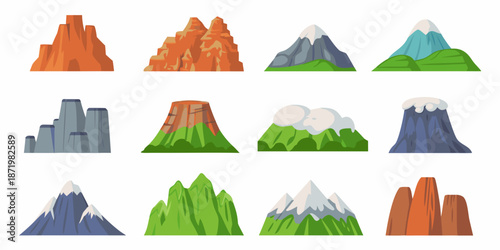 Colorful cartoon mountains and rock formations in a set illustration