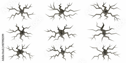 A collection of cracked surfaces resembling spiderwebs on a white background
