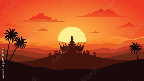 Vibrant Sunset Over Ancient Temple A Stunning Vector Illustration of a Tropical Landscape