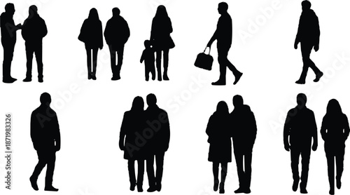 Vector silhouette set of people walking and standing, diverse crowd of couples and families in urban environment, isolated black silhouettes graphics.