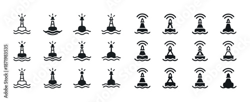Set of nautical buoys and lighthouse icons with various designs