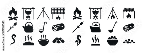 Campfire cooking icons collection with pots and grills
