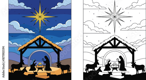 Vector Nativity Scene Set: Colored Illustration and Black and White Outline for Coloring Book, Christmas Holy Family in Stable with Star of Bethlehem and Animals