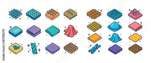 Colorful textile icons depicting various fabric patterns and textures