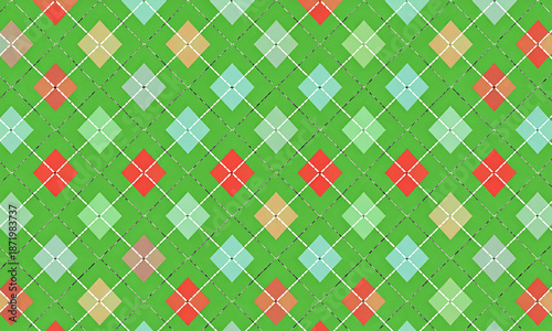 Argyle vector pattern in green color with thin slim dotted lines. Seamless geometric background