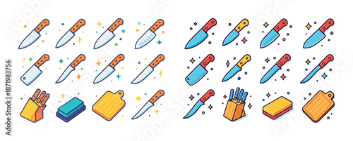 Colorful kitchen knives and accessories set with cutting board and knife block