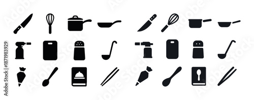 Silhouette icons of kitchen utensils and cooking tools - knife, whisk, pot, pan, spoon