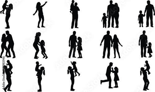 Black silhouettes of parents and children in family bonding activities, caregiving, playing, walking, dancing, affection, social relationship illustration