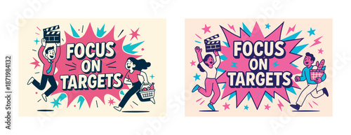 Cartoon characters chasing goals with energy and determination