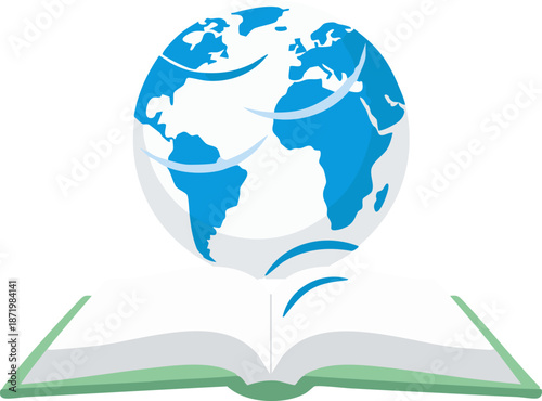 A blue and green globe resting on a book representing global geography learning and world travel