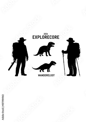 Khaki Coded Explorecore Silhouette for 2026 Travel. Person in Utility Vest and Cargo Gear for Wanderlust and Paleontologist Aesthetic Concept Vector.