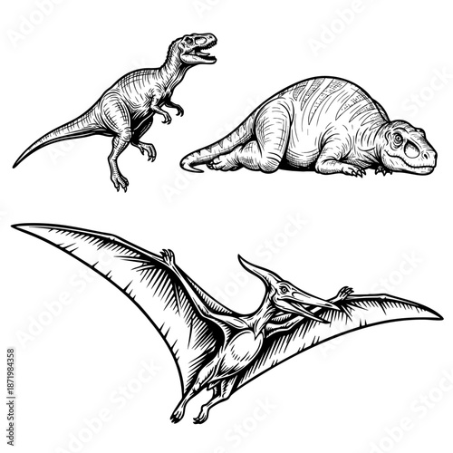 Different Dinosaur Outline Vector Set | Cute Prehistoric Dino Line Art Collection