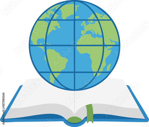A green earth globe resting on a book symbolizing global knowledge, geography, and care for the environment