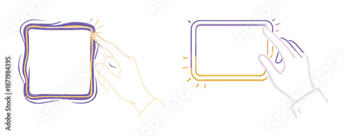 Hand interacting with vibrant digital touch screens in minimalist design