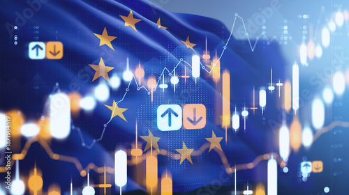 Bilde på lerret European market trading concept with rising and falling forex and stock graph charts over EU flag background representing investment trends and future