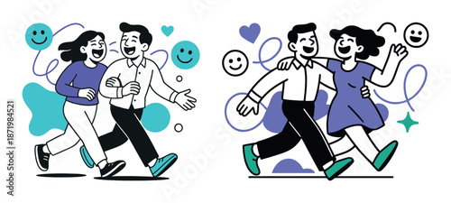 Happy young adults walking together with smiles and joyful expressions