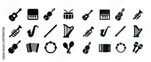 Musical instrument icons: guitar, violin, saxophone, harp, drum, piano, accordion
