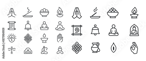 Collection of minimalist line icons featuring meditation, yoga, and spiritual symbols