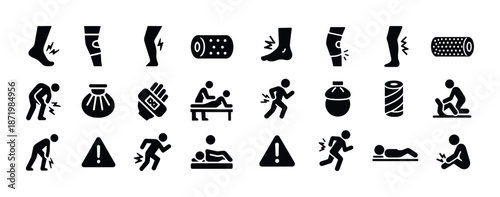 Injury and rehabilitation icons: therapy, pain relief, exercise, and caution symbols