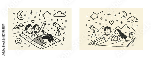 Couples stargazing illustration with telescopes and constellations