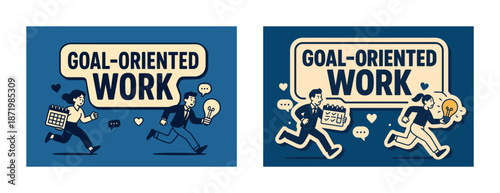 Goal-oriented work illustration with characters carrying calendar and lightbulb