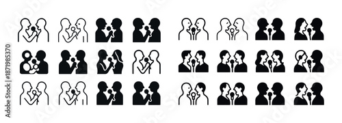 Diverse couples icon set depicting varied profiles and expressions