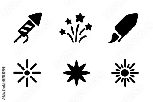 Fireworks Icon Set. Party fireworks. Filled icon set of Party fireworks: rocket spark, popping star, rising