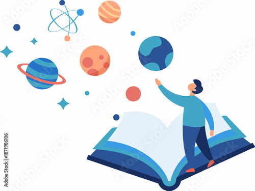 Man exploring universe from open book with planets and stars