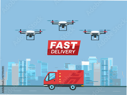 Fast delivery concept with drones and truck in cityscape