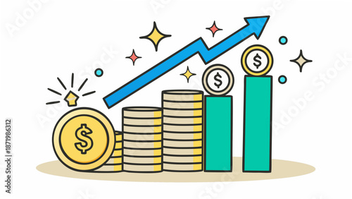Financial growth and success illustrated with coins stacks and an upward trending arrow