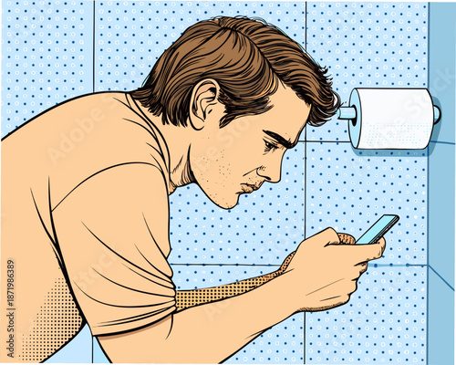 A man in a bathroom checks his phone seemingly distracted and concerned