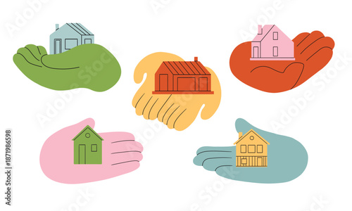 Hands holding home. Small house in a big hand, illustration, sign, print, sticker, logo. Real estate, selling, cleaning, insurance. Flat simple minimal doodle style. Tiny house, cottage concept.