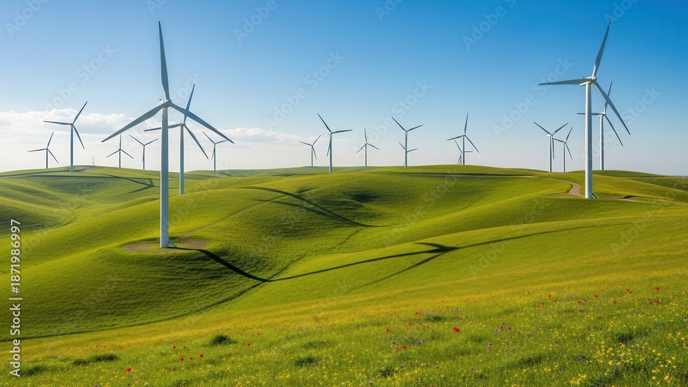 Fototapeta premium Wind turbines on rolling green hills under a clear blue sky.