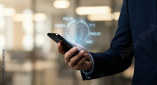 Wallpaper Mural Adult Asian man in professional suit holding smartphone with glowing AI global translation interface and multilingual text icons in a dark indoor office setting. Torontodigital.ca