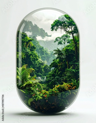 3D ecological concept of green planet earth featuring a forest inside a transparent capsule on a white background