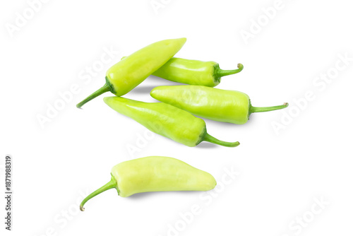 green chili peppers, Heap of fresh Bell peppers or Sweet peppers or Green peppers with stems isolated on white background, top view clipping path, unriped pepper